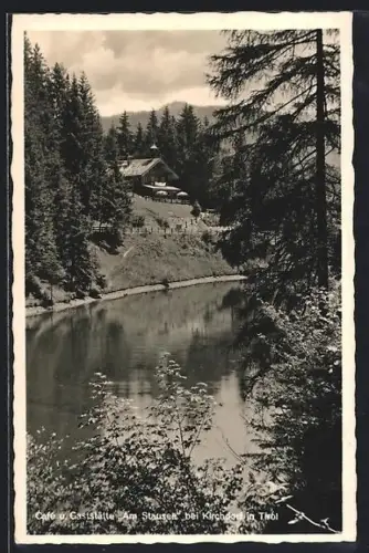 AK Kirchdorf in Tirol, Café-Gaststätte Am Stausee vom Wasser aus