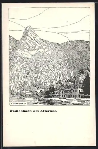 Künstler-AK Weissenbach am Attersee, Ortspanorama mit Bergspitze