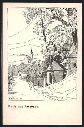 AK Attersee, Strassenpartie, Zeichnung von T. Schmoller