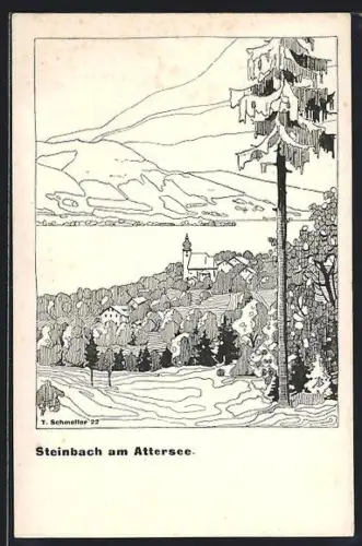 Künstler-AK Steinbach am Attersee, Ort mit See und Bergen