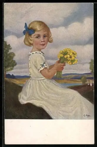 Künstler-AK Corneille Max: Frühlingsgrüsse, blondes Mädchen mit Blumenstrauss