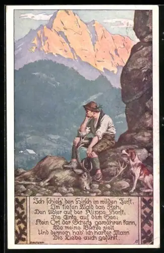 Künstler-AK Ernst Kutzer: Junger Mann in den Alpen mit Hund und Hirsch, Spruch: Ich schietz` den Hirsch im milden Forst.