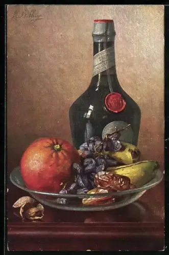 Künstler-AK M. Billing: Stilleben mit Datteln, Bananen, Orange & Likör