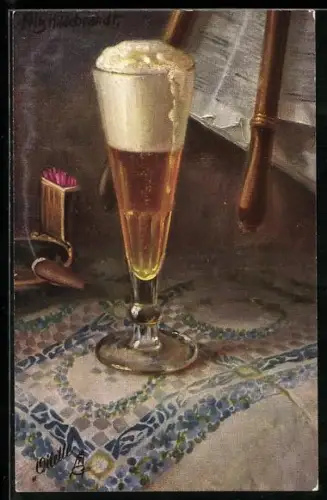 Künstler-AK Fritz Hildebrandt: Bierglas, Zeitung, Zündhölzer