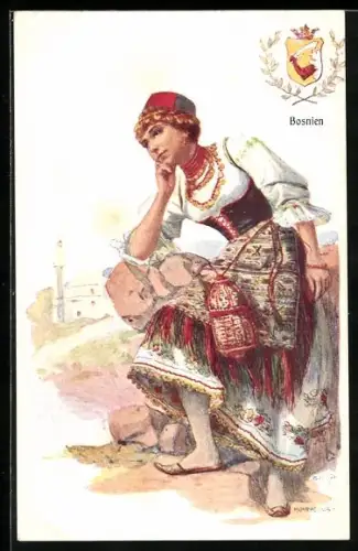 Künstler-AK Adolf Karpellus: Bosnien, Sitzende Frau in Tracht