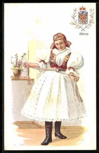 Künstler-AK A. Karpellus: Junge Frau in Tracht bindet ihren Gürtel, mit Wappen