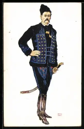 Künstler-AK Turopolje, Kroatische Volkstrachten, Ein adeliger Bauer mit Säbel
