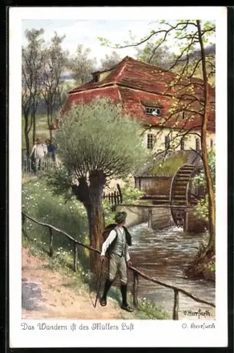 Künstler-AK Oskar Herrfurth: Wanderer an der Mühle