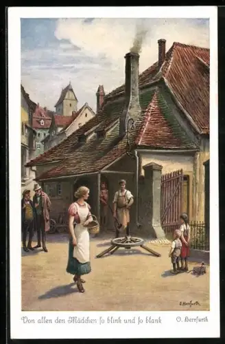 Künstler-AK Oskar Herrfurth: Von allen den Mädchen so blink und blank, Junge Dame geht am Schmied vorbei