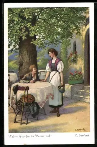 Künstler-AK Oskar Herrfurth: Keinen Tropfen im Becher mehr, Herr am Gartentisch hält die Hand der Wirtin