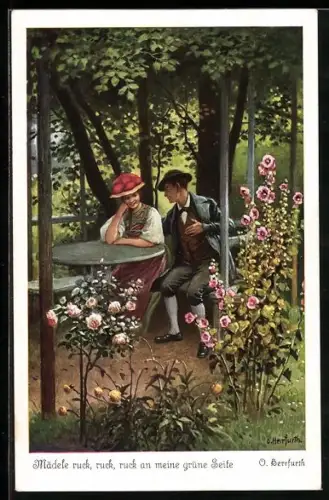 Künstler-AK Oskar Herrfurth: Schwarzwaldmädel in Tracht sitzt neben ihrem Geliebten