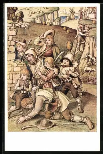 Künstler-AK Josef Bachlechner: Krippen-Altar, Kinder mit Lämmchen beten