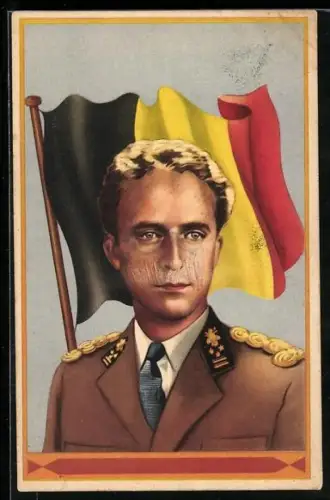 Künstler-AK Leopold von Belgien, in Uniform mit Landesflagge