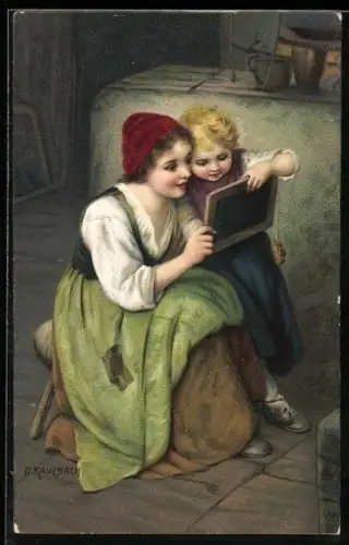 Künstler-AK Hermann Kaulbach: Frau mit Kind und Schultafel