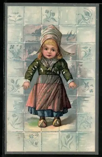 AK Kleines Trachtenmädchen vor niederländischen Kacheln