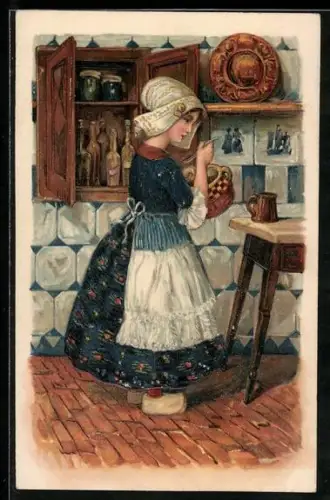 AK junges Mädchen in der Küche in niederländischer Tracht