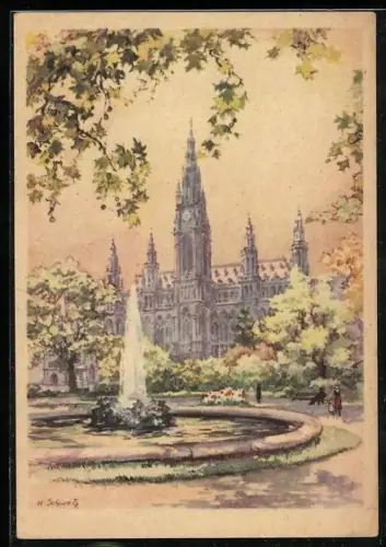 Künstler-AK Karl Schwetz: Wien, Wasserfontaine vor dem Rathaus
