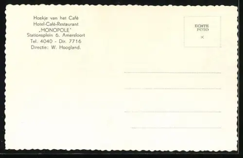 AK Amersfoort, Hoekje van het Café, Monopole, Stationsplein 6, Directie W. Hoogland
