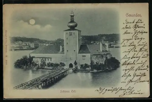Mondschein-AK Gmunden, Schloss Ort mit Steg