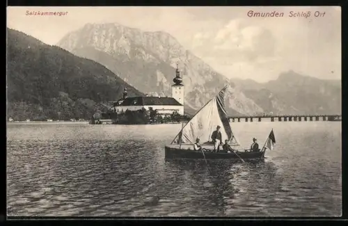 AK Gmunden /Salzkammergut, Schloss Ort, Segelboot im Vordergrund