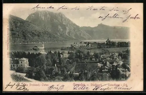 AK Gmunden, Villa Prokesch, Blick vom Stadtpark, Seeschloss Ort
