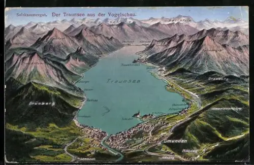 AK Gmunden /Salzkammergut, Traunsee-Panorama mit Grünberg und Traunkirchen