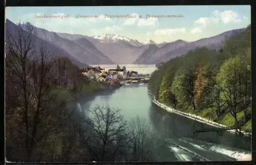 AK Gmunden /Salzkammergut, Traunseeausfluss und Traunpromenade