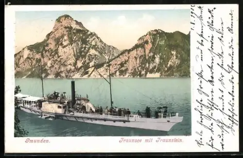AK Gmunden, Traunsee mit Traunstein, Dampfer