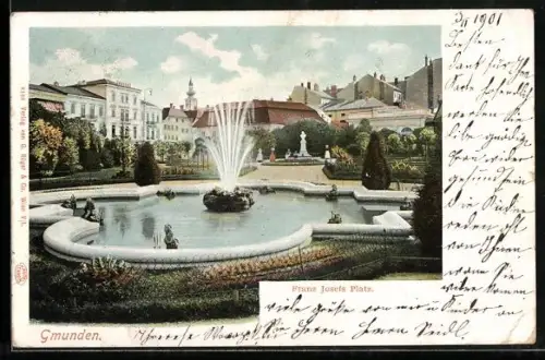AK Gmunden, Franz Josefs Platz, Springbrunnen und Park