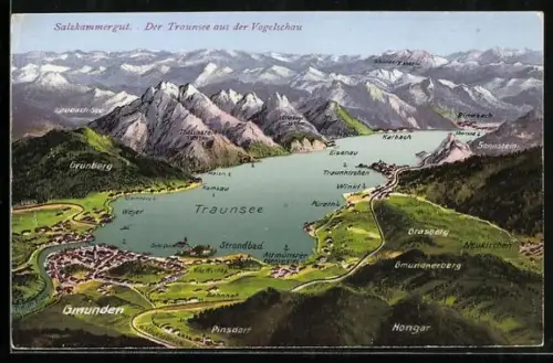 AK Gmunden /Salzkammergut, Panorama mit Traunsee und Traunkirchen