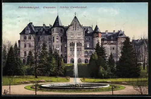 AK Gmunden /Salzkammergut, Schloss Cumberland mit Springbrunnen und Park