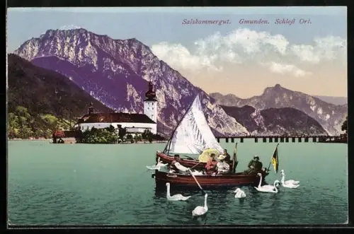 AK Gmunden /Salzkammergut, Schloss Ort auf dem See, Segelboot und Schwäne