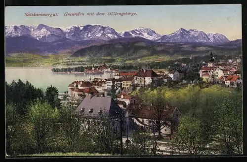 AK Gmunden /Salzkammergut, Panorama mit See und Höllengebirge