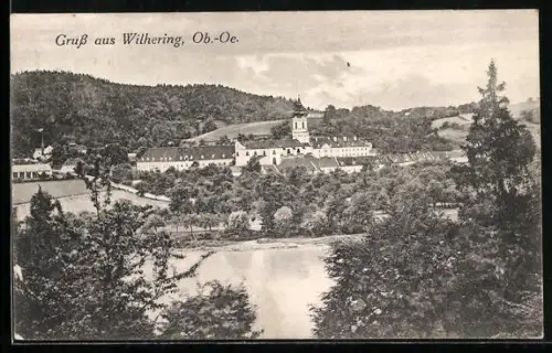 AK Wilhering /Ob.-Oe., Klosteranlage mit Kirche am Fluss