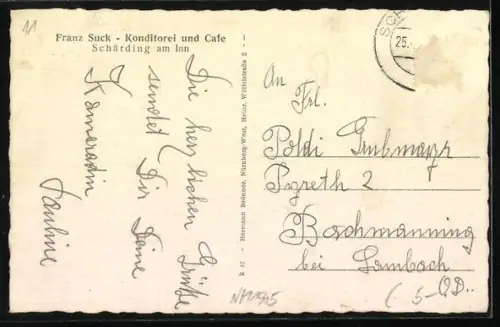 AK Schärding am Inn, Stadtpanorama mit Inn und Boot im Vordergrund