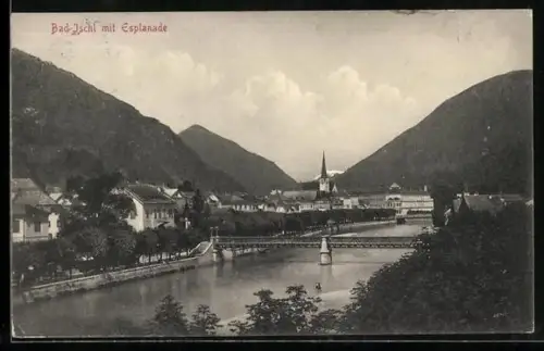 AK Bad Ischl, Esplanade mit Brücke und Kirche