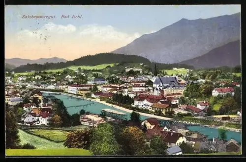 AK Bad Ischl /Salzkammergut, Panorama mit Fluss, Brücke und Kirche