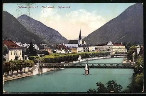 AK Bad Ischl /Salzkammergut, Esplanade mit Kirche und Brücke