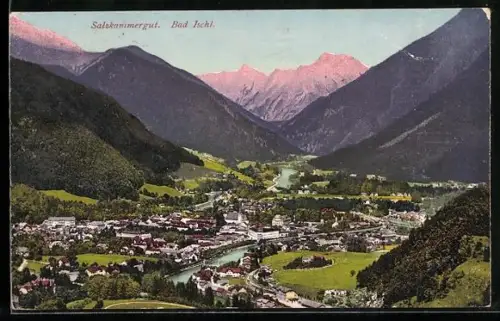 AK Bad Ischl /Salzkammergut, Panorama mit Ort, Fluss und Gebirgspanorama