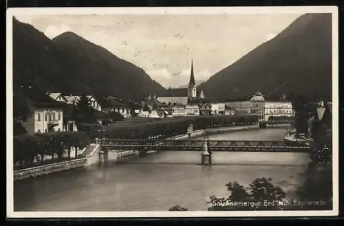 AK Bad Ischl /Salzkammergut, Esplanade mit Brücke und Kirche