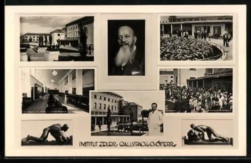 AK Gallspach /O.-Österr., Institut Zeileis, Grosse Wartehalle, Rosenbeet, Skulpturen