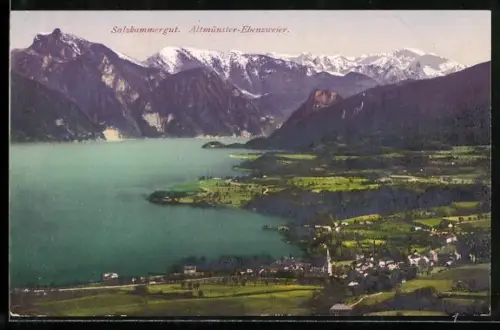 AK Altmünster-Ebenweier /Salzkammergut, Seeufer mit Bergpanorama