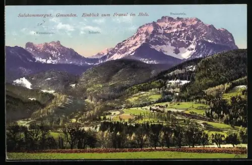 AK Gmunden /Salzkammergut, Panorama mit Traunstein und Franzl im Holz