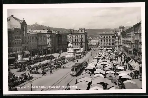 AK Linz a. d. D., Platz mit Pöstlingberg, Strassenbahn