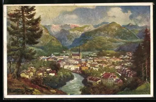 Künstler-AK Bad Ischl, Panorama mit Kirche und Fluss
