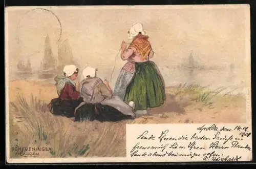 Künstler-Lithographie Henri Cassiers: Scheveningen, Niederländische Mädchen auf Wiese