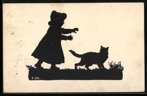 Künstler-AK Anna Schirmer: Kind und Katze, Silhouette