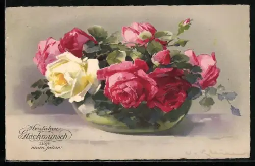 Künstler-AK Catharina Klein: Rosen in einer Schale, Neujahrsgruss