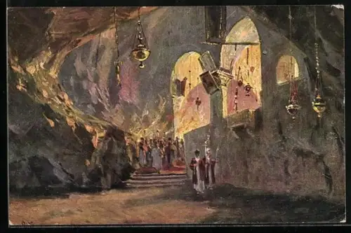 Künstler-AK Jerusalem, Prozession in der Kreuzfindungskapelle