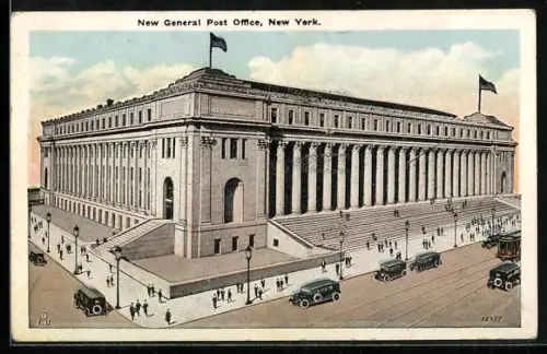 AK New York, New General Post Office Strassenansicht mit Autos und Strassenbahn davor, US-Fahnen auf dem Dach